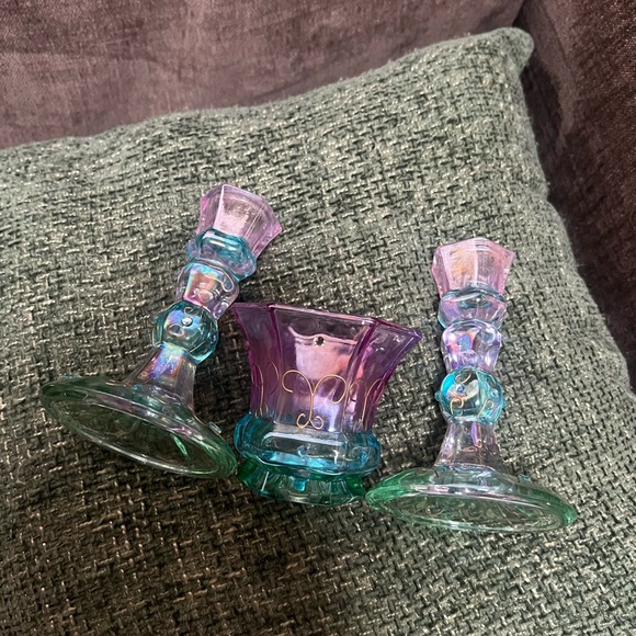PartyLite Iridescent Purple and Teal Candle Holder Set and votive holder. - Picture 2 of 7